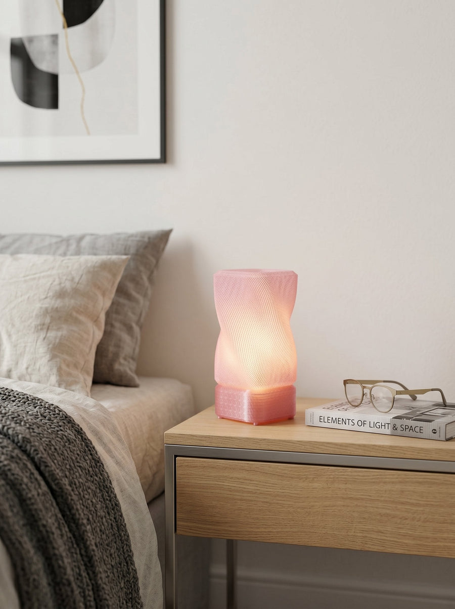 Lámpara de mesa Hara Rosa sobre una mesa de noche con un libro y lentes de lectura