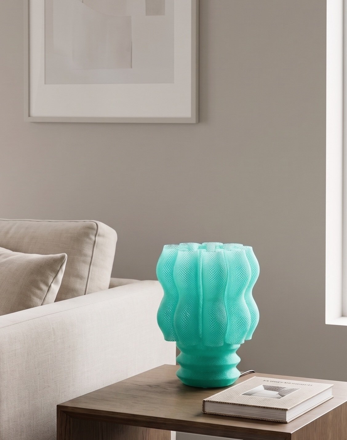 Lámpara de mesa Núa color Cielo en un ambiente decorado, foto 4 — Arvalla Studio Ecuador
